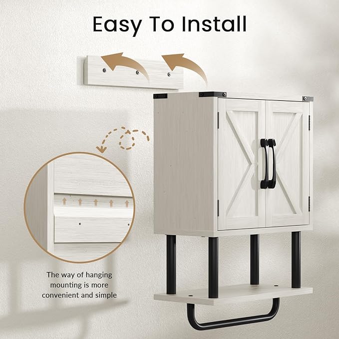 AmazerBath Bathroom Wood Wall Cabinets, Farmhouse Medicine Cabinets Organizer with Towel Bar, Hanging Small Storage Cabinet with Adjustable Shelf, 2 Doors Wall Organizer Cabinet for Small Spaces
