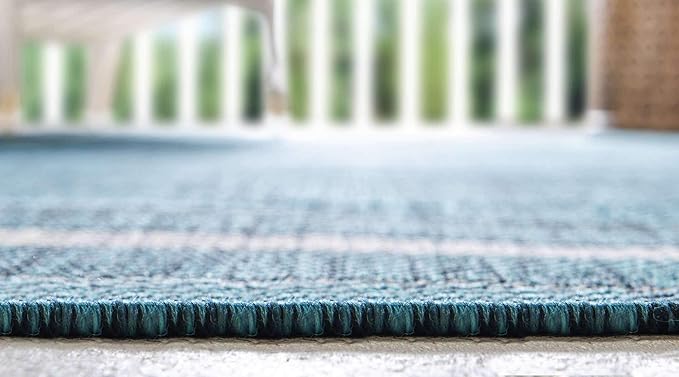 Unique Loom Outdoor Border Collection Area Rug - Soft Border (9' x 12' Rectangle, Teal/ Ivory)