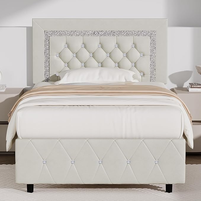 BarnFurin Twin Bed Frame with Diamond Tufted Headboard, Faux Leather Upholstered Bed with Wooden Slats Support, No Box Spring Needed, Mattress Foundation, Easy Assembly, Cream