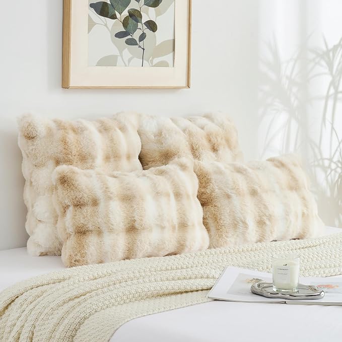 FUTEI Beige White Decorative Throw Pillow Covers 12x20 Inch Set of 2,Soft Fuzzy Faux Rabbit Fur Pillow Case with Raised Texture,Neutral Boho Home Decor for Couch Bed Living Room