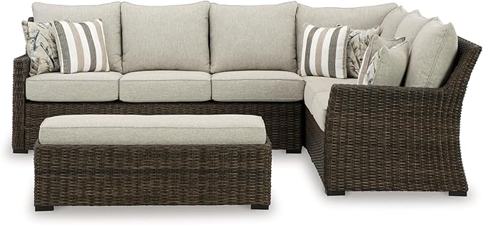 Signature Design by Ashley Brook Ranch Casual Nuvella Weather Resistant Fabric Right Hand Facing Outdoor Sofa Sectional/Bench with Cushion and 6 Throw Pillows, Set of 3, Beige & Dark Brown