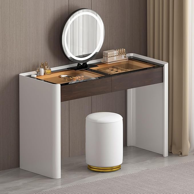 Makeup Vanity Desk with HD Lighted Mirror, 47-Inch Modern Vanity Desk with Mirror and Lights, Featuring 2 Drawers, Lacquer Finish, and Tempered Glass Top for Bedroom (2)
