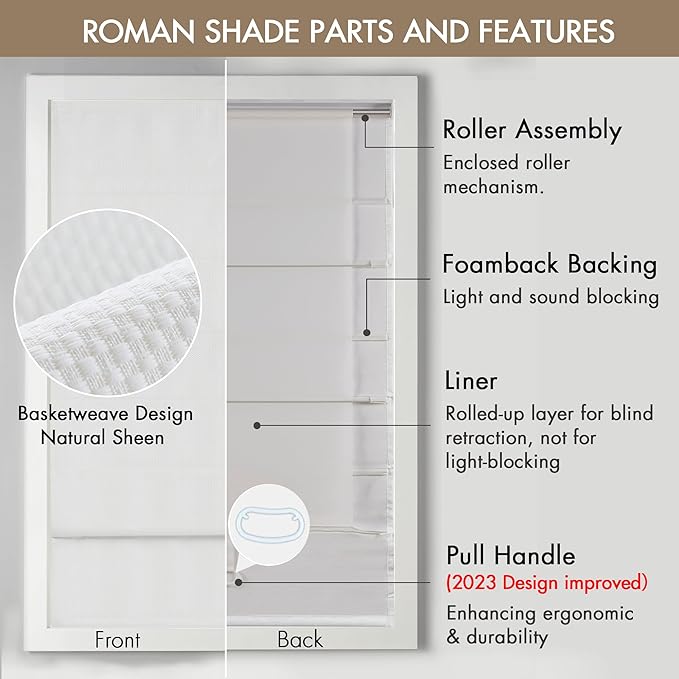 Madison Park Galen Cordless Roman Shade, 27"W x 64"H, Sheen White – Room Darkening, Thermal Insulated, Energy Efficient Window Blind with Subtle Sheen Basketweave Fabric for Privacy