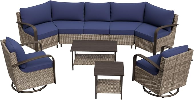COOS BAY Aurora Terrace Half-Moon Outdoor Furniture Set, Rattan Conversation Set with Swivel Rockers, Curved 5-Seat Sofa, Coffee Table & Side Table, Seats 7, Beige/Blue