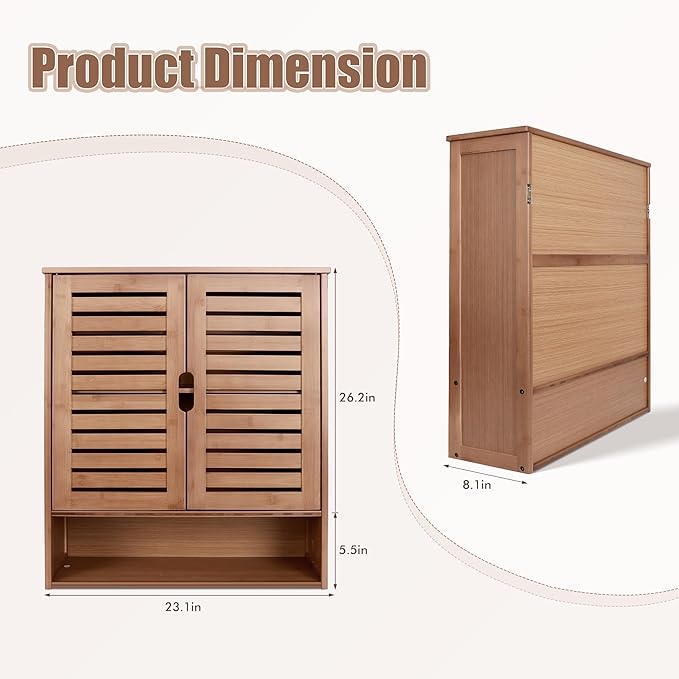 HYNAWIN Bamboo Wall Cabinet, Over Toilet Bathroom Furniture, Wall Mounted Storage Medicine Cabinet with Two Doors & Adjustable Shelves, for Bathroom, Kitchen, Living Room, Walnut, Dark Brown