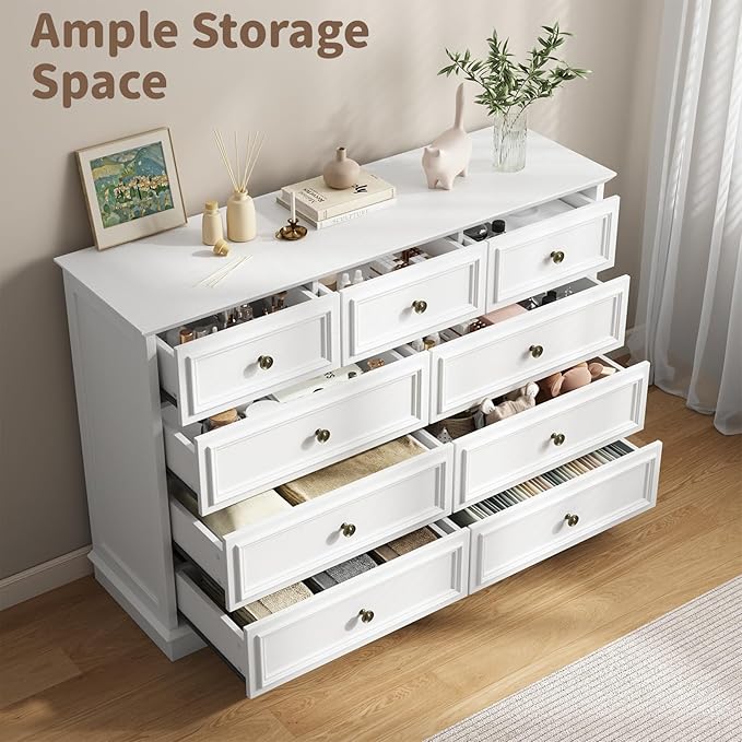 9 Drawer Dressers for Bedroom, 51" Wide Wood Chest of Drawers, Farmhouse Bedroom Dressers with Drawers, Modern Dresser TV Stand, Retro Design, for Living Room, Dressing Room, Hallway, White