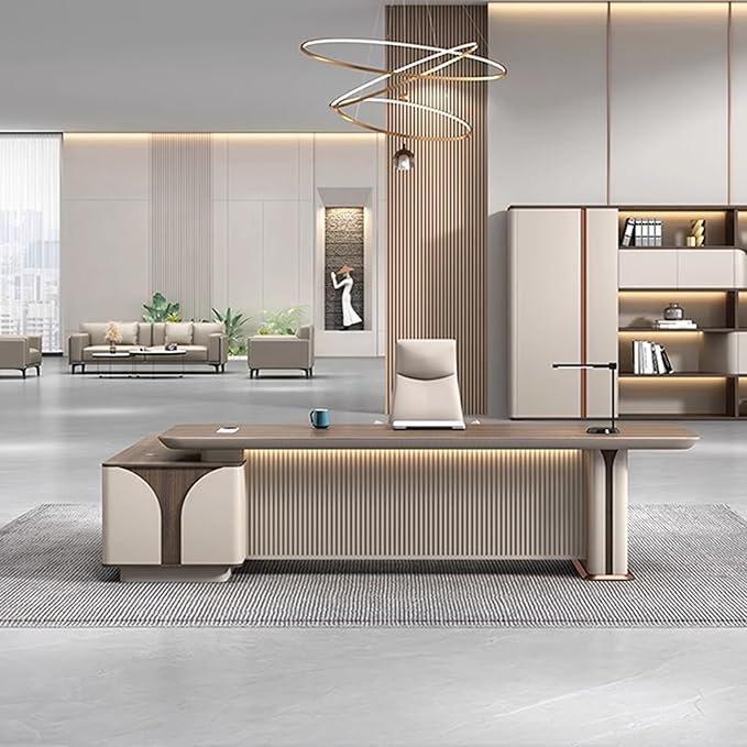 78IN L Shaped Executive Desk - Executive Office Desk with Side Cabinet & Grille Front Baffle & Embedded LED Strip & Mechanical Password Lock & Double-Layer Countertop & Gold Foot Pad