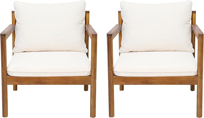 Christopher Knight Home Veera Set of 2 Acacia Wood Lounge Chair Outdoor with Rope Accent, Accent Chair with Water-Repellent Cushions, Comfy Chairs for Garden/Backyard, Patio Furniture, Teak + Cream