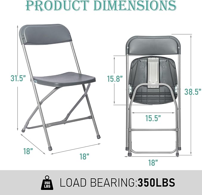 100 Pack Plastic Grey Folding Chairs,Portable Party Chairs Stackable Commercial Seats with Steel Frame for Office Home Outdoor Indoor Wedding Party Patio Dinning Events,350lbs Capacity