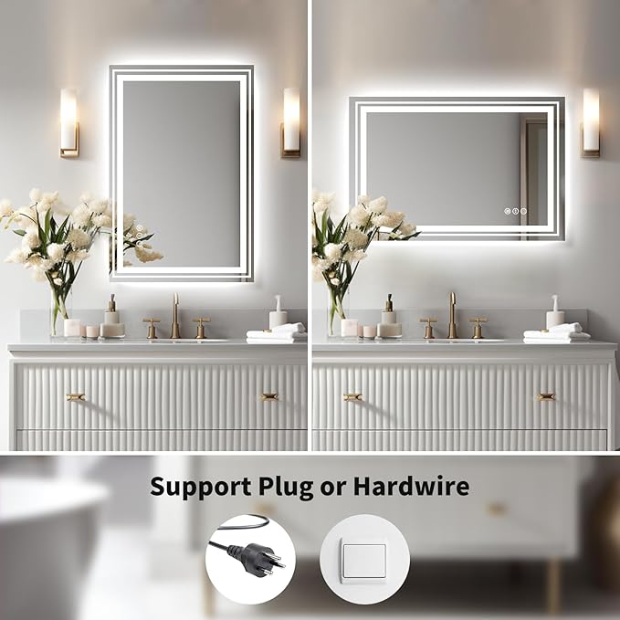 WTTY LED Bathroom Mirror 28"x36" with Backlit and Front Light,Stepless Dimmable LED Mirror for Bathroom,Anti-Fog Lighted Bathroom Vanity Mirror Modern,Memory Function,Shatter-Proof