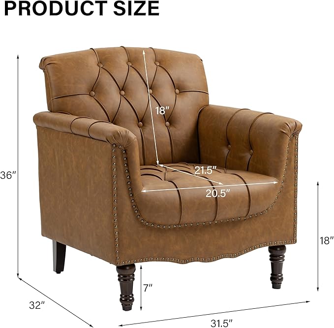 Faux Leather Accent Chair, PU Leather Modern Comfy Upholstered Armchair with Wood Legs & Nailhead Trim for Living Room, Bedroom (Camel,Set of 2)