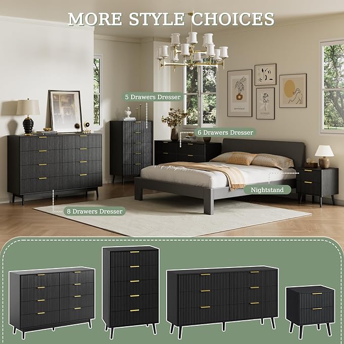 LYNSOM Fluted Dresser and Nightstand Set, 3 Pieces Bedroom Set, 55 Inch Wide 6-Drawer Dresser & 2-Drawer Nightstands Set of 2, Modern Dressers Set for Bedroom, Hallway, Black