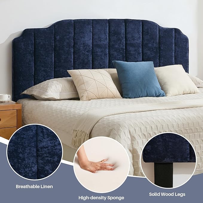 King Size Headboard Dark Blue Upholstered Headboard Adjustable Height&Width Chenille Headboards Modern Vertical Channel Design Bed Head Board, Dark Blue