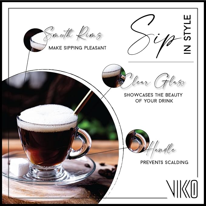 Vikko Espresso Cups, 3.25 Ounce Small Coffee Mugs, Set of 4 Clear Glass Coffee Mug, Durable Dishwasher Safe Glass Cups for Coffee or Tea