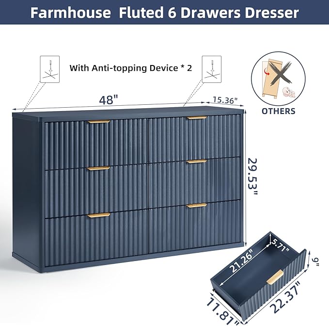LEYAOYAO Fluted 6 Drawers Dresser for Bedroom, 48" Wide Modern Chest of Drawers with Metal Handle, Navy Blue Curved Profile Farmhouse Closet Organizer Wood Dressers TV Stand for Living Room, Hallway
