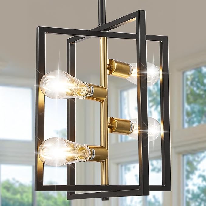 Black and Gold Chandelier Light Fixture: 4-Light Farmhouse Kitchen Island Lighting, Geometric Dining Room Light Fixtures, Rustic Industrial Entryway Chandelier, for Living Room, Bedroom, Foyer