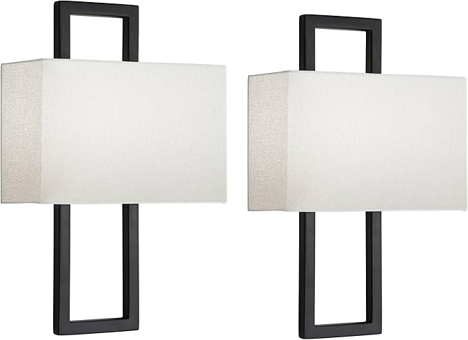 Possini Euro Design Modena Modern Wall Light Sconces Set of 2 Black Hardwired 9 1/2" Fixture Shimmery Silvery Faux Silk Half Shade for Bedroom Bathroom Vanity Living Room Home Hallway Dining House