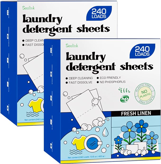 Soulink Laundry Detergent Sheets, 480 Loads (2 Pack) - Eco-Friendly, Plant-Based, Hypoallergenic, No Plastic Jug, Fresh Linen Scent