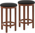 COSTWAY Upholstered Bar Stools Set of 2, 25” Counter Height Bar Chairs with Padded Cushion & Wooden Frame, Faux Leather Backless Stools for Kitchen, Dining Room, Pub, Black + Walnut