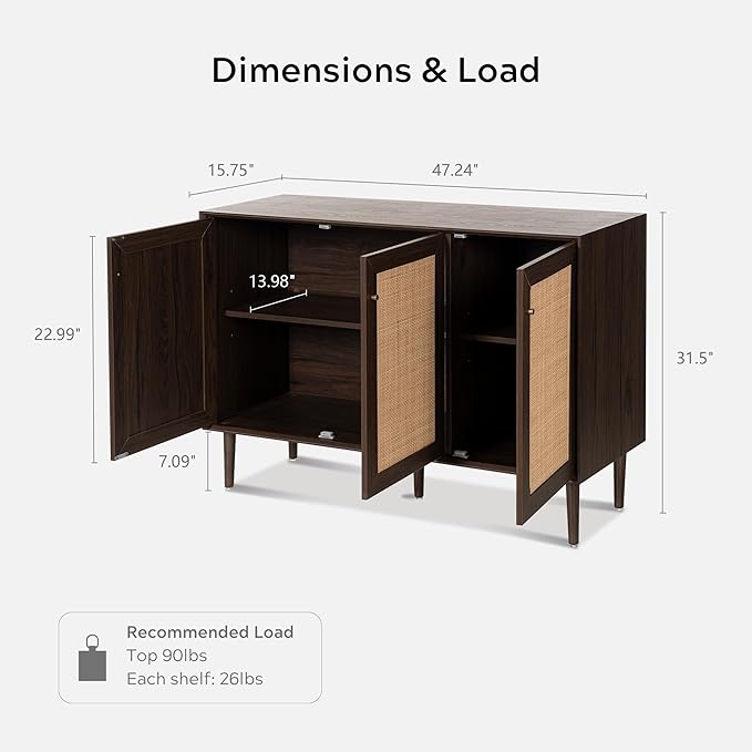 Rattan Storage Cabinet with 3 Doors, Boho Sideboard Buffet Cabinet Solid Wood Farmhouse Credenza Cabinet with Adjustable Shelves for Living Room Kitchen Entryway Hallway, Walnut