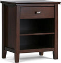 SIMPLIHOME Artisan Bedside Table - 24 inch Wide Solid Wood Nightstand Table in Russet Brown, Contemporary Bedroom Side or End Table with 1 Drawer, Open Shelf Storage and Bronze Knobs