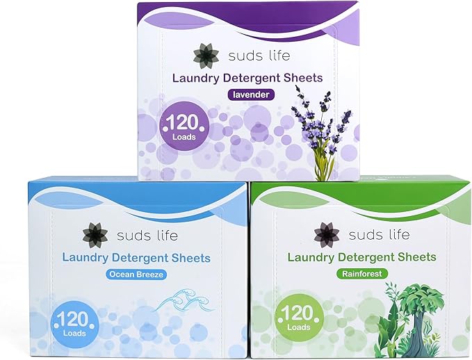 Suds Life Laundry Detergent Sheets (60 Sheets) Ocean Breeze, Lavender, Rainforest - Portable, Concentrated Laundry Detergent (Up to120 Loads) (Lavender)
