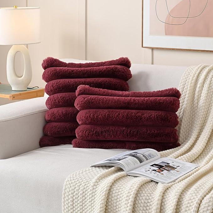 FUTEI Christmas Burgundy Decorative Throw Pillow Covers 18x18 Inch Set of 2, Square Soft Faux Rabbit Fur Thick Striped Cushion Cover,Winter Home Decor for Couch Bed Living Room
