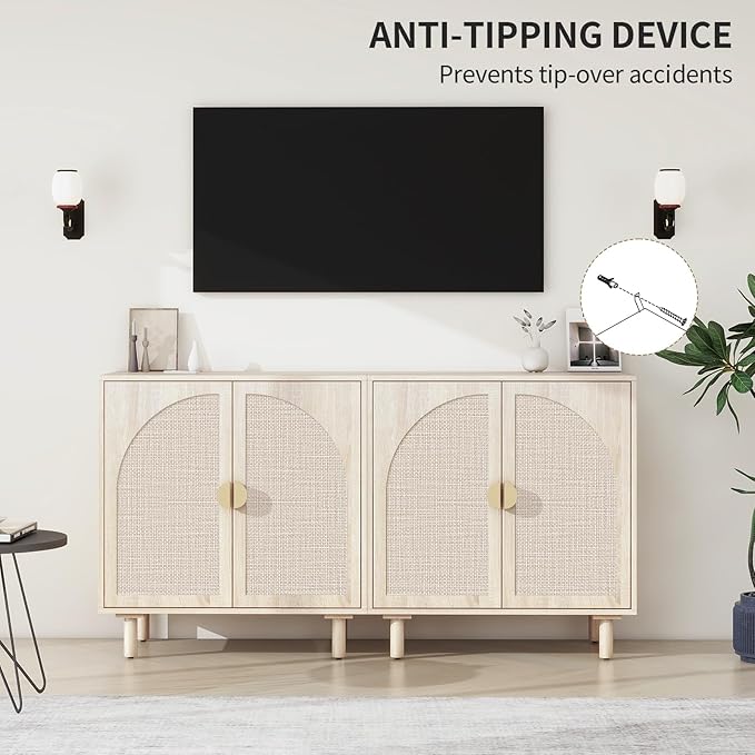 Beige Rattan Cabinet-2-Doors,Sideboard Buffet Cabinet with Storage-Accent Storage Cabinet with Cane Door, Boho Wood Credenza for Living Room, Kitchen,Dining Room or Office