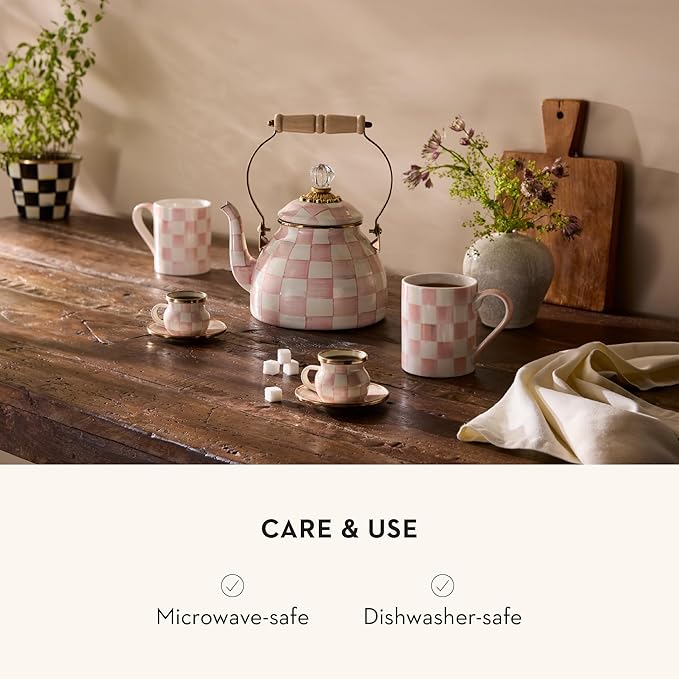 MACKENZIE-CHILDS Set of 2 Stoneware Espresso Cup and Saucer, Cute Coffee Cups, Pink-and-White Rosy Check