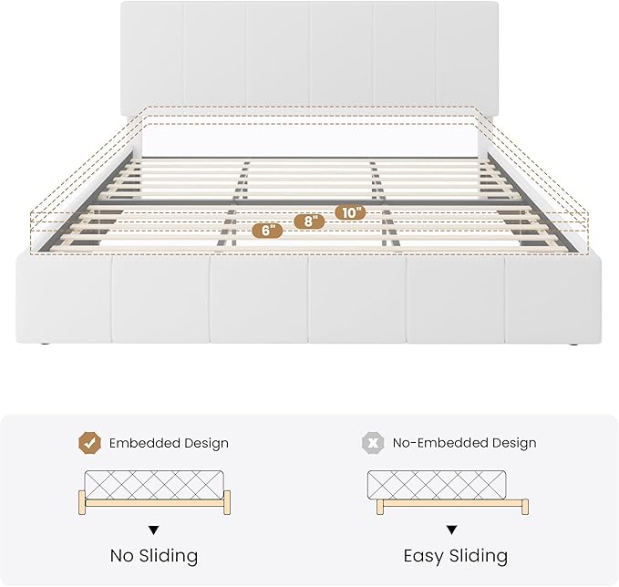 SHA CERLIN King Size Bed Frame, Velvet Upholstered Platform Bed, Vertical Channel Tufted Adjustable Headboard, Low Profile Bed Frame, No Box Spring Needed, Easy Assembly, White