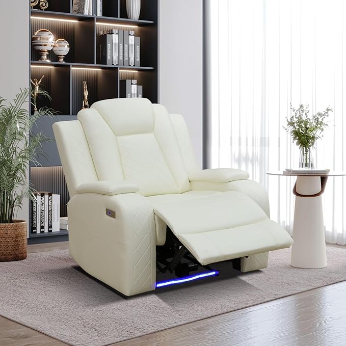 Power Recliner Sofa Set with LED, Creamy White Leather Reclining Living Room Couch, Muti-Functional Recliner Leather Sofa Set with Storage Console/Cup Holders/USB Ports