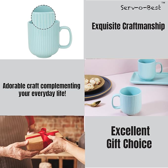 Ceramic Coffee Mugs with Handle Set – 2-Piece 11 Oz Ceramic Coffee Cups & 9" Tray, Handmade Sea Mist Green Color, Microwave Safe Gift Set for Tea Lovers, Home Kitchen Décor