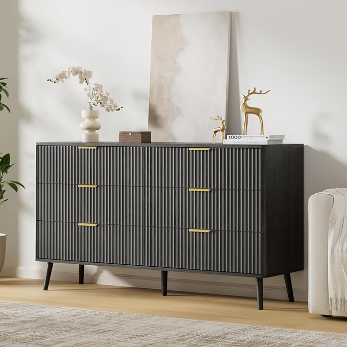 LYNSOM Fluted Dresser and Nightstand Set, 3 Pieces Bedroom Set, 55 Inch Wide 6-Drawer Dresser & 2-Drawer Nightstands Set of 2, Modern Dressers Set for Bedroom, Hallway, Black