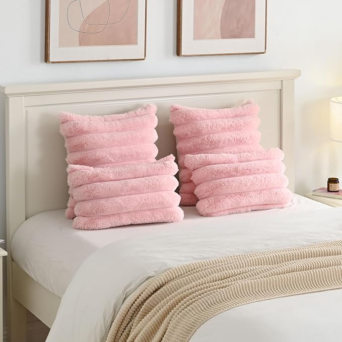 FUTEI Pink Decorative Throw Pillow Covers 22x22 Inch Set of 2, Square Soft Faux Rabbit Fur Thick Striped Cushion Cover,Winter Home Decor for Couch Bed Living Room