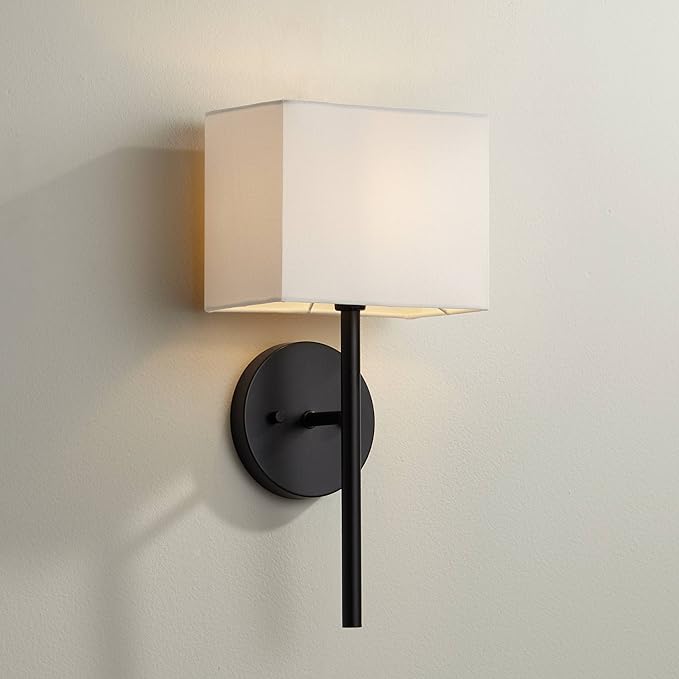 Possini Euro Design Favreau Modern Wall Sconce Lighting Black Hardwired 16 1/4" High Fixture Rectangular Linen Fabric Shade for Bedroom Bedside Living Room Home Hallway Dining Kitchen