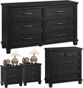 Farmhouse Black Bedroom Sets of 4, Includes 6 Drawer Large Dresser, Vintage Night Stand with 3 Drawers, Small 5 Chest of Drawers, Wood Rustic Dresser & Nightstand Set for Home, Living Room