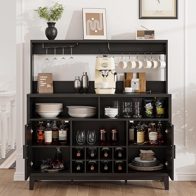 Fluted Buffet Cabinet with Storage, Modern Coffee Bar Cabinet with Outlet, Wine Rack, Cup Holder, Multi-Functional Accent Liquor Cabinet for Living Room, Entryway, Kitchen, Black