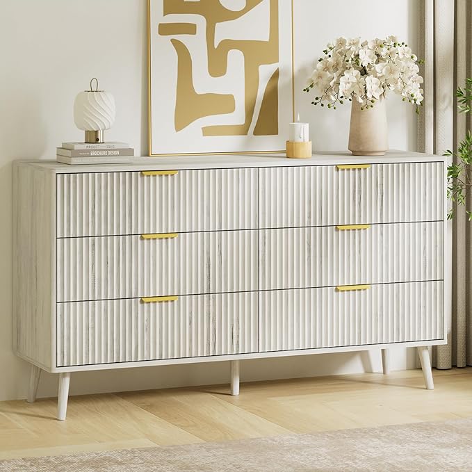 LYNSOM Fluted Dresser and Nightstand Sets 4 Piece, 2-Drawer Nightstands and 5/6 Drawers Dresser, Wood Bedroom Furniture Set for Home, Bedroom, Hallway, White