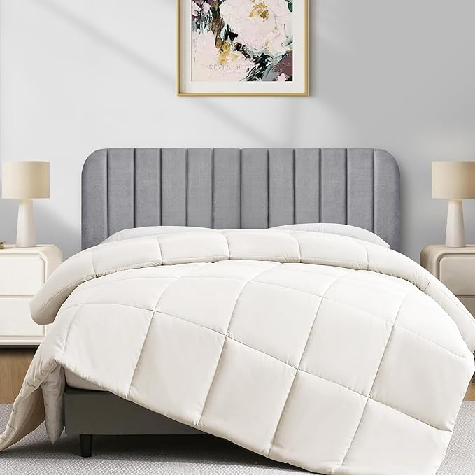 Upholstered Headboard - Striped Interval - Adjustable Height - Metal Legs - Bed Frame (Grey, King (U.S. Standard))