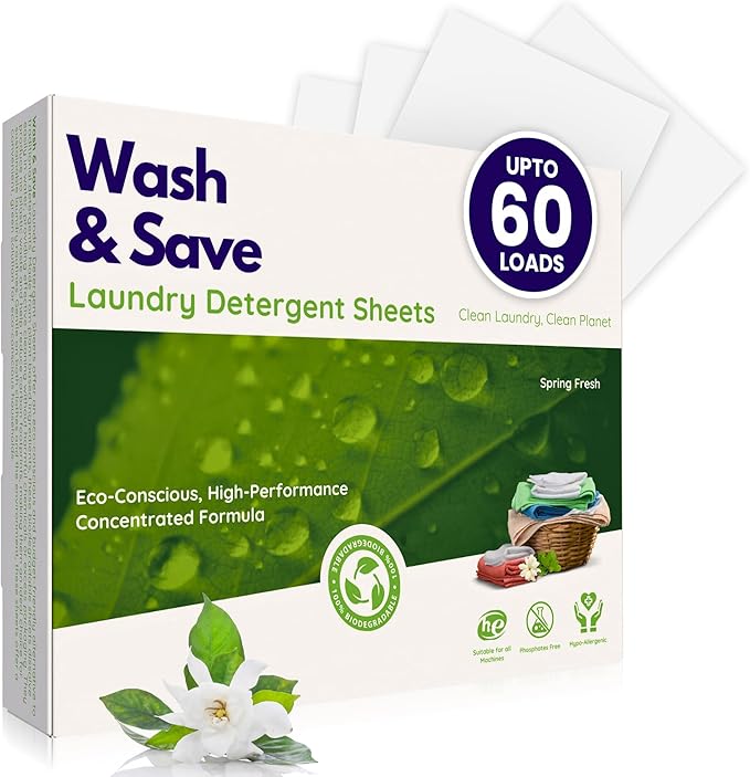 WASH & SAVE Laundry Detergent Sheets (60 Loads, 30 Sheets) | Plant Based, Eco-Friendly, Hypoallergenic Liquidless Detergent, Perfect for Travel & Dorm (Spring Fresh)