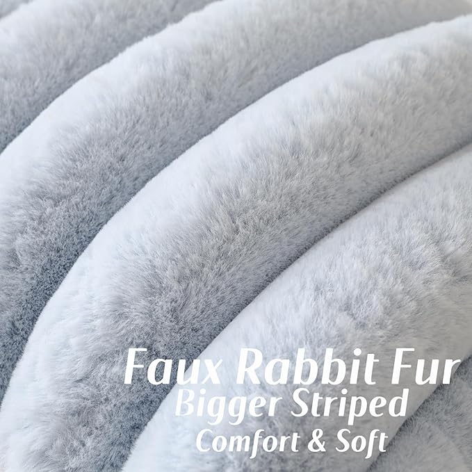 FUTEI Light Blue Decorative Throw Pillow Covers 26x26 Inch Set of 2, Square Soft Faux Rabbit Fur Thick Striped Euro Pillow Shams,Winter Home Decor for Couch Bed Living Room