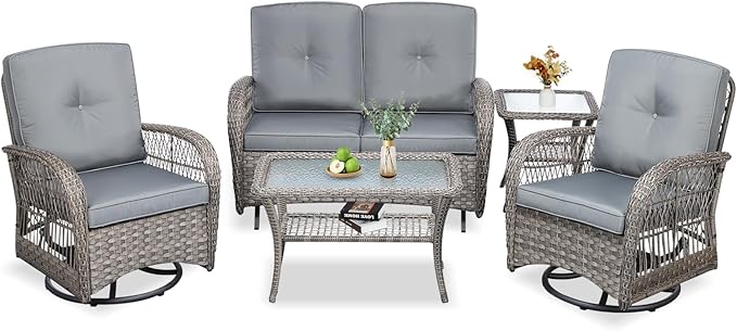VIVIJASON 5-Piece Outdoor Patio Wicker Conversation Sets, All Weather Outdoor Rattan Furniture Set Includes Glider Loveseat, 2 Coffee Table, 2 Swivel-Gliders Chairs with Cushions, Grey