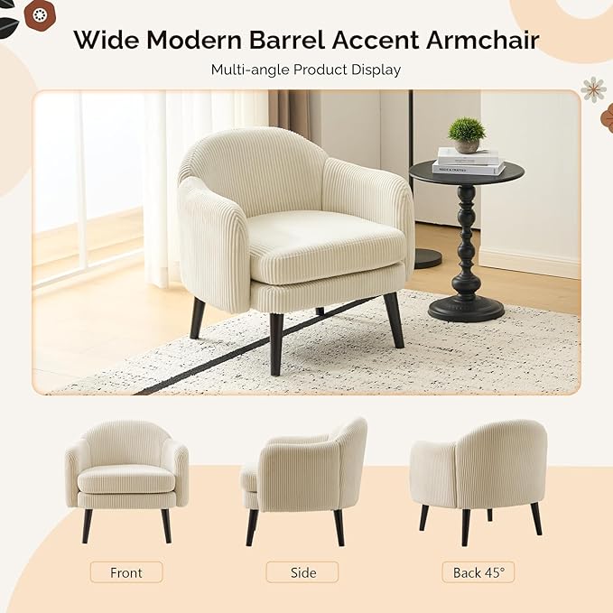 VINGLI 30.3" Wide Modern Barrel Accent Armchairs Set of 2 with Track Armrest, Solid Wooden Legs, Comfy Upholstered Club Chairs, Single Home Sofa for Living Room, Bedroom, Reading Room, Corduroy Beige