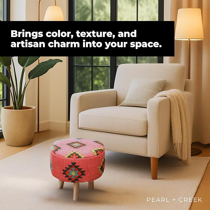 Arabella Pink Kilim Pouf Ottoman – 16" Round Handwoven upholstered Foot Stool with Washable Cover – Accent Knockdown Stool for Bedroom, Living Room, cottagecore, Boho & Farmhouse Decor