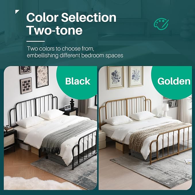 PINJU Metal Platform Bed Frame with Headboard and Footboard, Classic Style, Sturdy Metal Slats, No Box Spring Needed, Easy Installation (Black, King)