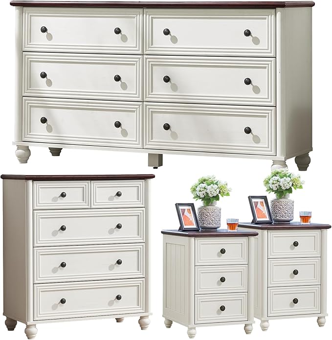 Farmhouse Dressers & Night Stand Set of 4, Wood 54" Wide 6 Drawer Dresser & 35" Tall Chest of Drawers, 18" Roman Column Nightstand Set of 2, Bedroom Furniture Dresser Sets for Home Living Room Hallway
