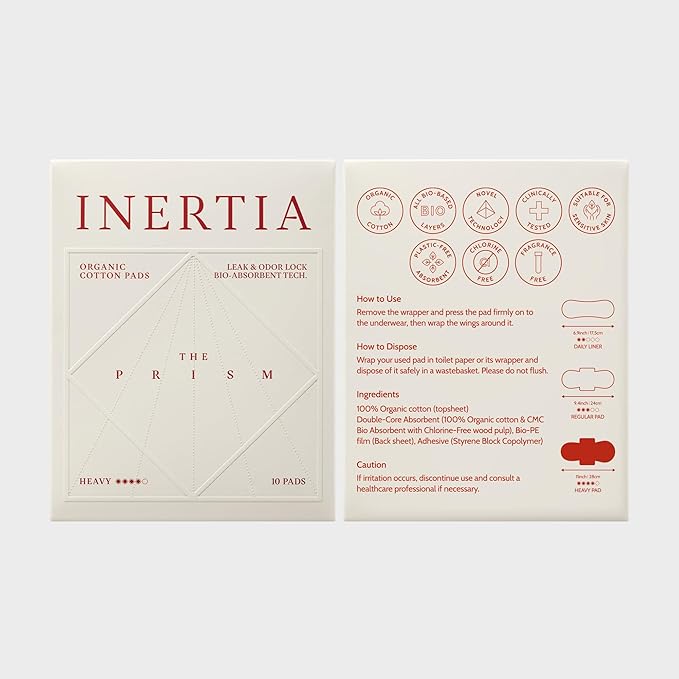 INERTIA The Prism White – Truly Organic Ultra Thin & Leak-Proof Organic Cotton Korean Pads with Wings | Heavy Absorbency | Hypoallergenic, Super Absorbent, Chlorine-Free & Fragrance-Free (10 Count)