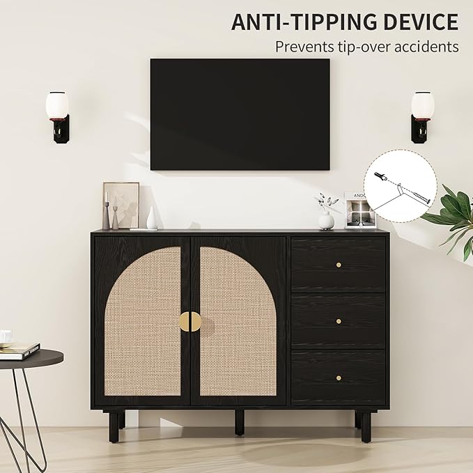 Black 2 Door 3 Drawer Rattan Cabinet, Accent Storage Cabinets with Cane Door, Stylish Boho Buffet Table with Storage,Black Rattan Cabinet Wood Credenza for Dining Room,Bathroom,Study,Kitchen