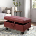 Faux Leather Storage Ottoman with Nailhead Trim, 28.5"X19.5"X17.5" Footrest Stool, Hidden Storage Foot Stool for Living Room, Bedroom Furniture, Red