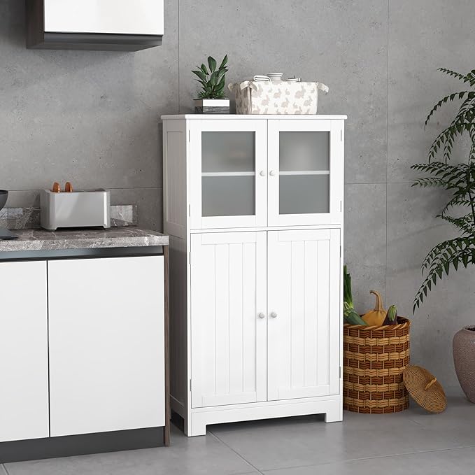 LOKO Bathroom Floor Cabinet, Storage Cabinet with Glass Doors, Wooden Kitchen Cupboard with Adjustable Shelf, Versatile Floor Storage Cabinet for Bathroom, Living Room & Kitchen (White)